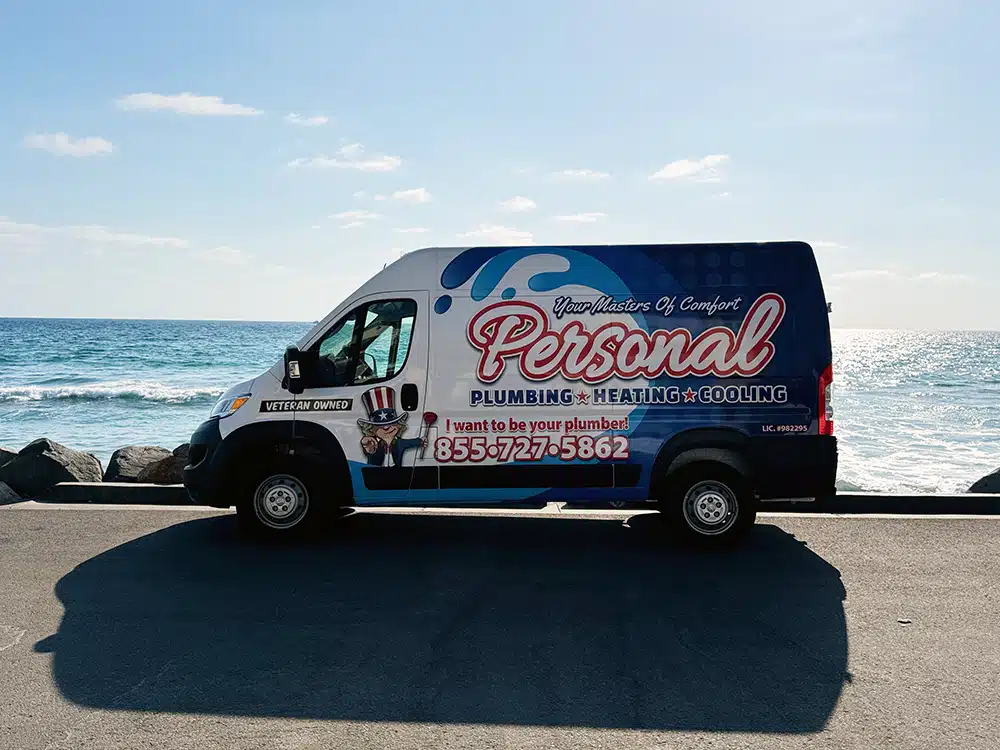 Personal Plumbing truck in front of ocean in San Diego CA.